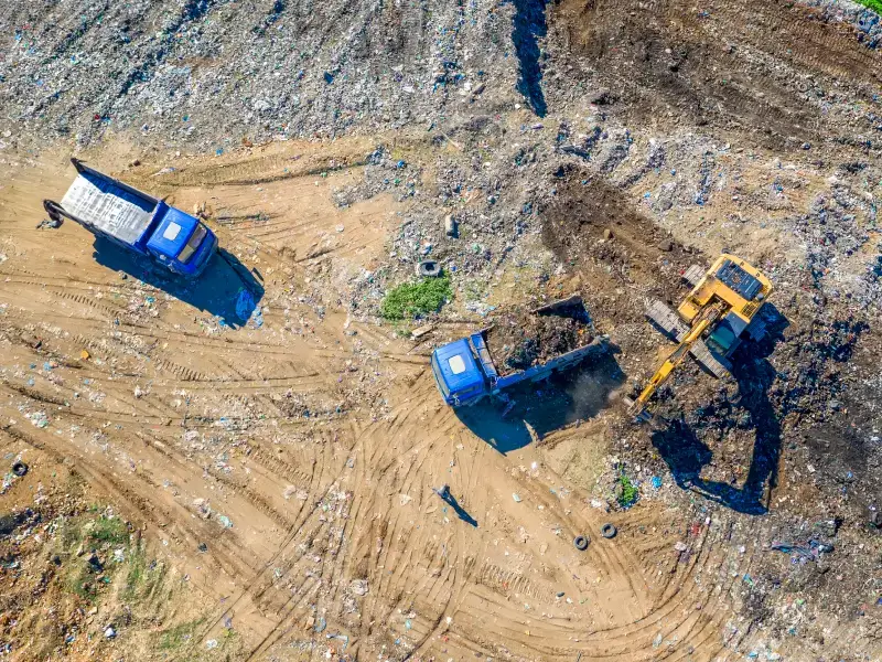 Aerial view of a dump truck being loaded on an excavation site in the Northern Beaches, NC